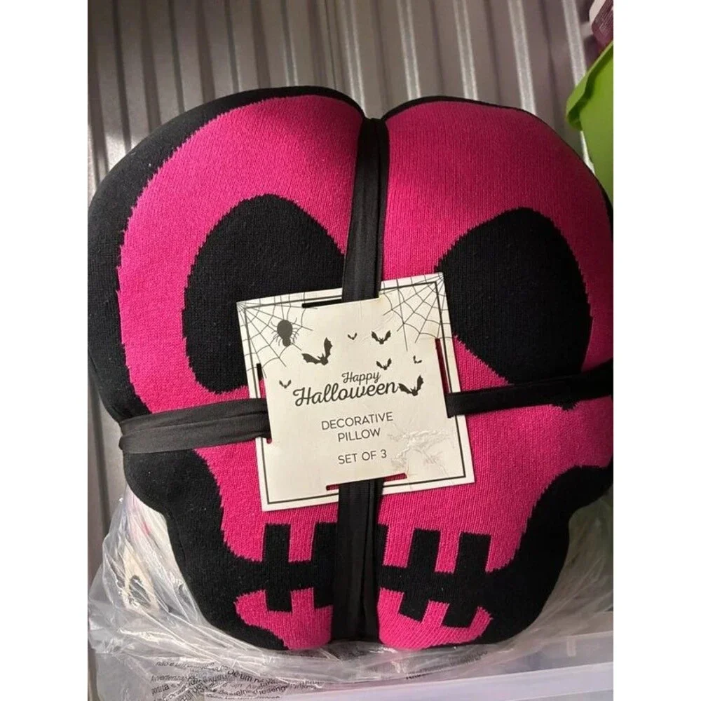 Halloween Pink and Black Skull Pillow set of 3 Decorative Pillows